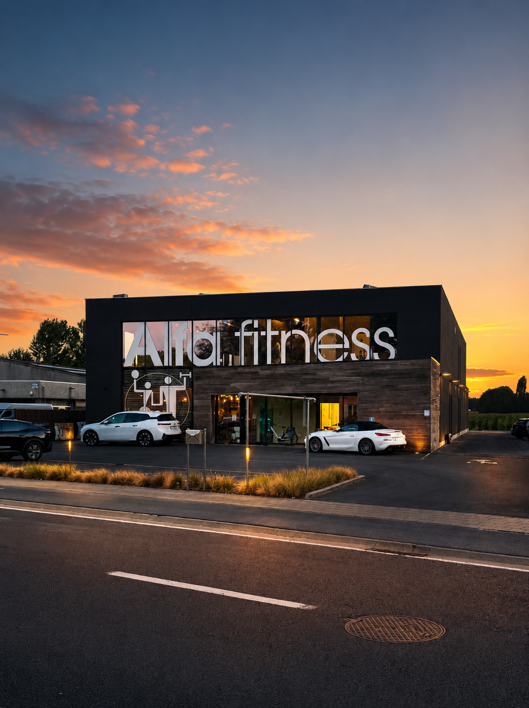 Gevel van Alfa Fitness bij zonsondergang